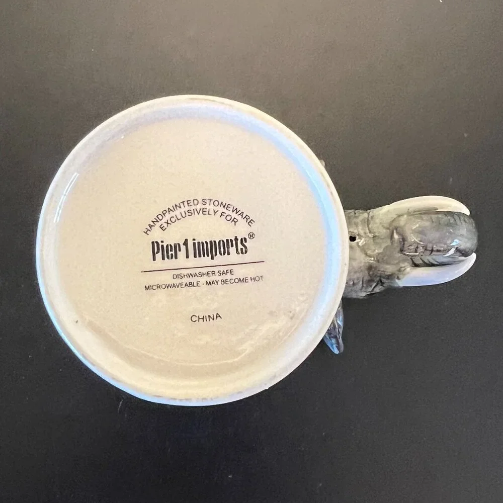 PIER 1 IMPORTS 3-D Hand Painted Stoneware Elephant Mug Cup Elephant Head Handle